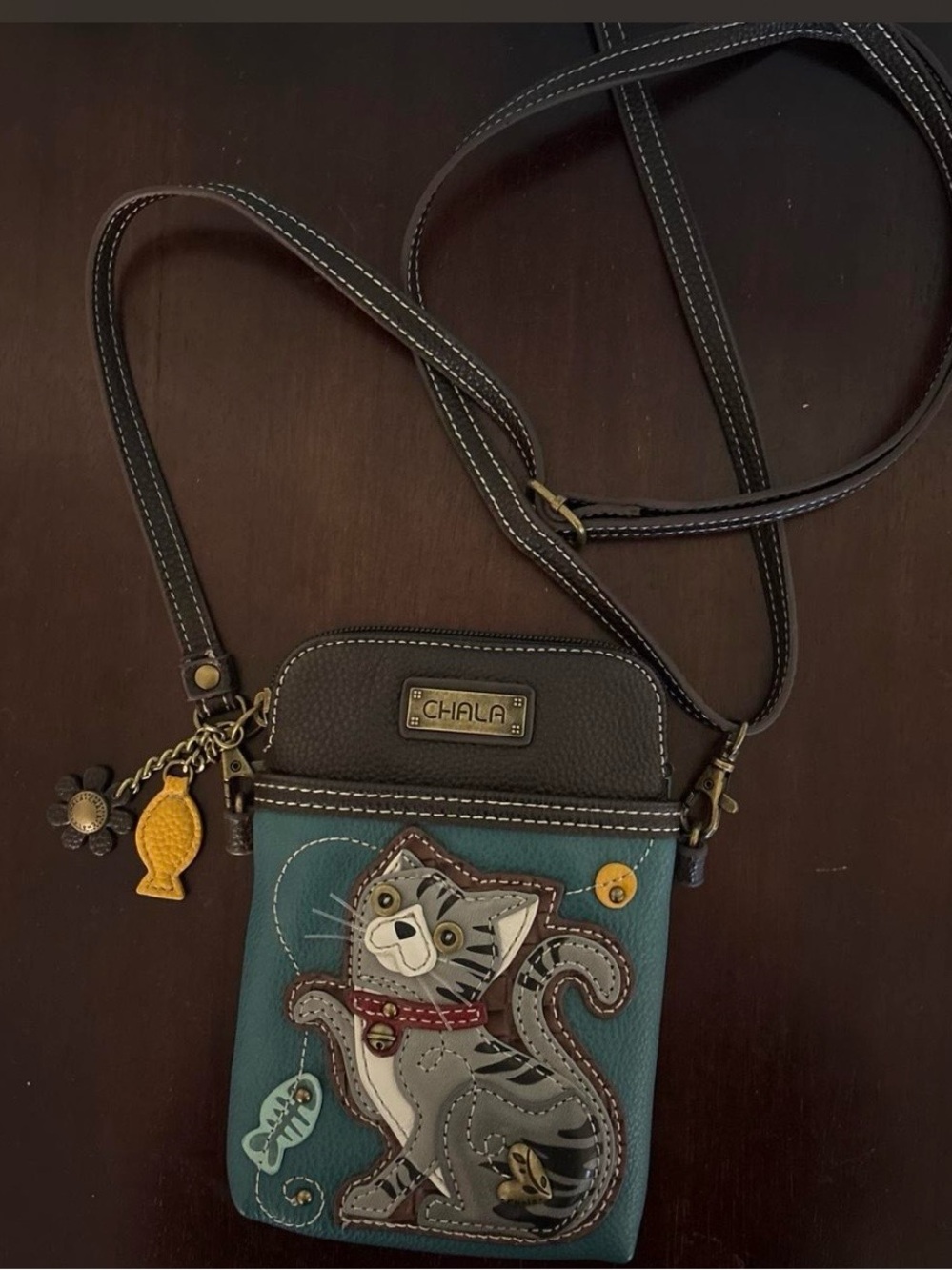 Chala Teal Crossbody with Gray Tabby Cat (New without tags!) (Vegan Leather)